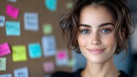 Young woman with bright blue eyes and messy brown hair smiling confidently against blurred background with colorful sticky notes on wall, expressing positive workplace atmosphere.
