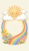 Cute sun with smiling face, fluffy clouds and colorful rainbow frame with spring flowers on beige background for children design and greeting cards.