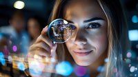 Young Caucasian woman looking through glass sphere with city reflection at night, creative portrait with bokeh lights and modern urban atmosphere.
