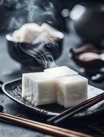 Steaming hot tofu cubes served on black ceramic plate with chopsticks, dramatic moody lighting and rising smoke create atmospheric Asian cuisine composition.