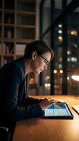 Middle-aged male professional wearing glasses and dark blazer analyzing financial data on tablet at wooden desk in modern office at night with city lights.