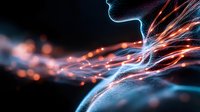 Futuristic profile silhouette with glowing blue and orange light trails against dark background, abstract technology concept for artificial intelligence and digital innovation.