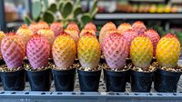 Colorful moon cactus collection in small black pots, featuring vibrant pink and yellow grafted specimens lined up in rows, showing ornamental succulent variety.