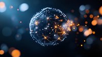 Glowing digital sphere with connected dots and lines forming global network visualization against dark background with orange bokeh lights and sparkles.