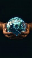 Hands of adult male with medium-dark skin tone holding glowing planet against black background, symbolizing environmental protection, sustainability, and global responsibility for conservation campaigns.
