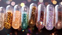 Colorful glitter nail samples in transparent capsules showcasing various textures and patterns for nail art design inspiration.