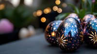 Dark blue and gold Christmas ornaments with intricate star pattern against blurred bokeh lights and evergreen branches create festive holiday atmosphere.