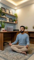 Man in casual attire meditating cross-legged in modern home office with wooden desk, floating shelves, potted plants, laptop, and warm ceiling lighting for wellness and mindfulness content.