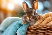 Adorable brown bunny rabbit peeking from wicker basket with soft turquoise blanket, close-up portrait showing cute nose and ears against blurred warm background.