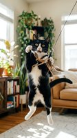 Playful black and white tuxedo cat jumping to catch feather toy in bright modern living room with houseplants and natural sunlight streaming through windows.