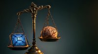 Ornate golden scales of justice balancing human brain against law book on dark background symbolizing legal decision making and judicial reasoning in courtroom.