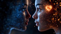 Romantic couple face to face in profile with magical glowing effects, blue and orange light particles, heart symbol, representing love connection and spiritual bond.