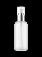 Frosted glass pump bottle with silver dispenser, isolated on transparent background, ready for cosmetic branding, packaging mockups, skincare design, and print on demand.