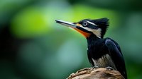 Majestic Amazon kingfisher perched on branch against blurred green background, displaying distinctive black plumage and orange throat patch in sharp detail.