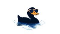 Cool black duck wearing orange sunglasses swimming in blue water, stylized cartoon character on white background, isolated design element for merchandise.