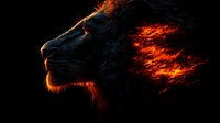 Majestic lion profile with glowing fire effect mane against black background, dramatic orange and red flames emerging from dark silhouette for fantasy art designs.