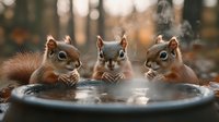 Three red squirrels gathered around steaming water in forest setting, creating whimsical wildlife scene in autumn woodland environment.