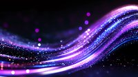 Abstract cosmic wave with glowing purple and blue light trails against black background, sparkling particles creating dynamic flowing motion effect.