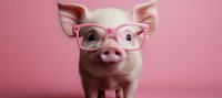 Adorable piglet wearing pink glasses against pink background, close up portrait of young pig looking at camera, funny farm animal concept for design.