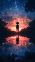 Silhouette of young person standing by lake at sunset with dramatic orange sky and stars reflected in still water, creating mirror effect and dreamy atmosphere.