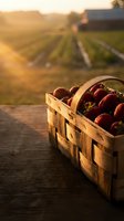 Fresh strawberries in wooden basket on farm table during golden hour sunset with agricultural field and barn in blurred background for harvest concepts.
