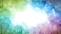 Abstract digital technology background with circuit board patterns and colorful geometric shapes in blue green purple gradient for modern design.