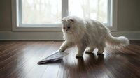 Long-haired white cat standing on wooden floor near digital tablet by window, curious pet exploring technology indoors.
