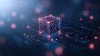Abstract digital cube with glowing network connections and particles on dark blue background. Suitable for technology, data science, artificial intelligence, blockchain, and digital transformation concepts.