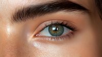 Close-up of woman's green eye with natural makeup and well-groomed eyebrow showing detailed iris texture and long eyelashes for beauty concepts.