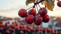 Fresh ripe red cherries hanging on branch against blurred sunset background, natural organic fruit close-up with soft evening light.