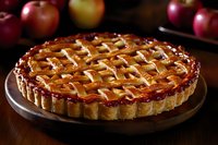 Freshly baked lattice apple pie with golden brown crust on wooden serving board, surrounded by red apples in dark rustic setting, glistening with sweet glaze.