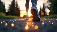 Runner's feet in sneakers on asphalt road at sunset with golden bokeh lights, close up view. Inspiring fitness and healthy lifestyle concept for sports advertising.