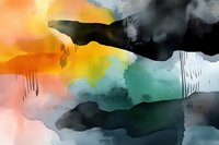 Abstract watercolor composition featuring fluid blends of orange, turquoise, and black with dripping effects creates moody atmospheric artwork suitable for modern interior decor.