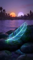 Glowing turquoise feather on rocks by lake at sunset with purple sky and dual suns creating mystical fantasy landscape for spiritual and nature themes.