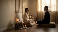 Couple meditating together in peaceful bedroom with candles creating intimate wellness atmosphere for mindfulness practice and spiritual connection.