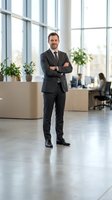Confident male executive in dark business suit standing with crossed arms in modern office lobby with large windows, potted plants, and colleagues working in background.