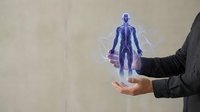 Businessman hand presenting holographic human anatomy model with glowing blue skeleton and organs for medical technology healthcare innovation.
