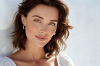 Caucasian woman with blue eyes and wavy brown hair leaning against white wall, wearing white top and gold hoop earrings, with natural makeup and soft smile.