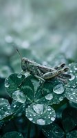 Grasshopper perched on wet clover leaves with morning dew drops in natural garden setting for nature and wildlife photography concepts.