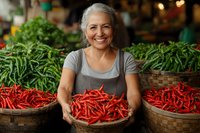 Mature Hispanic woman vendor smiling while holding basket of fresh red chili peppers at farmers market, with green chilies displayed in background. For food marketing.