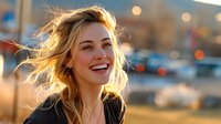Young blonde woman smiling with windblown hair at golden hour, urban bokeh background creating warm atmosphere for lifestyle and happiness concepts.