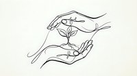 Protective hands nurturing young plant sprout in minimalist line art style. Environmental care, growth, sustainability concept for eco-friendly designs.