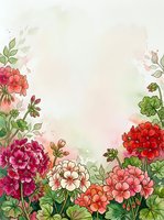Watercolor geranium flowers frame with soft pink background and copy space, featuring red, pink and white blooms with green leaves.
