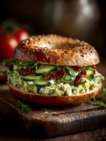 Fresh avocado bagel sandwich with cucumber, dried cranberries and greens on rustic wooden board for healthy breakfast or lunch menu.