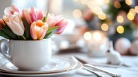 Fresh pink and peach tulips arranged in white teacup with bokeh lights and holiday decorations in soft focus background creating cozy atmosphere.