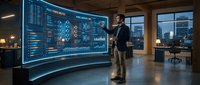 Businessman analyzing financial data on large curved digital display screen in modern office with city skyline view at evening.