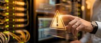 IT professional monitoring cybersecurity alert on transparent digital interface in modern server room with network infrastructure and data protection systems.
