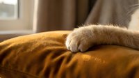 Cat paw resting on soft orange blanket in warm sunlight streaming through window creating cozy comfortable home atmosphere for relaxation and comfort.