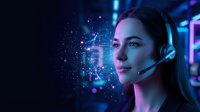 Young woman with headset surrounded by digital particles and neon lights representing AI technology, virtual reality, and futuristic communication concepts.