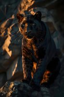 Black panther illuminated by golden sunset light perched on rocky outcrop in shadowy forest environment, creating dramatic wildlife portrait.